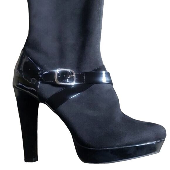 Black Over-The-Knee Platform Boots With Buckle & Zipper - Picture 2 of 8